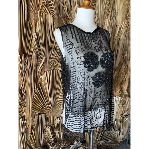 Vintage 1920's Net & Sequin Blouse size Small Antique Metal Sequins Glass Beads - Picture 2 of 9